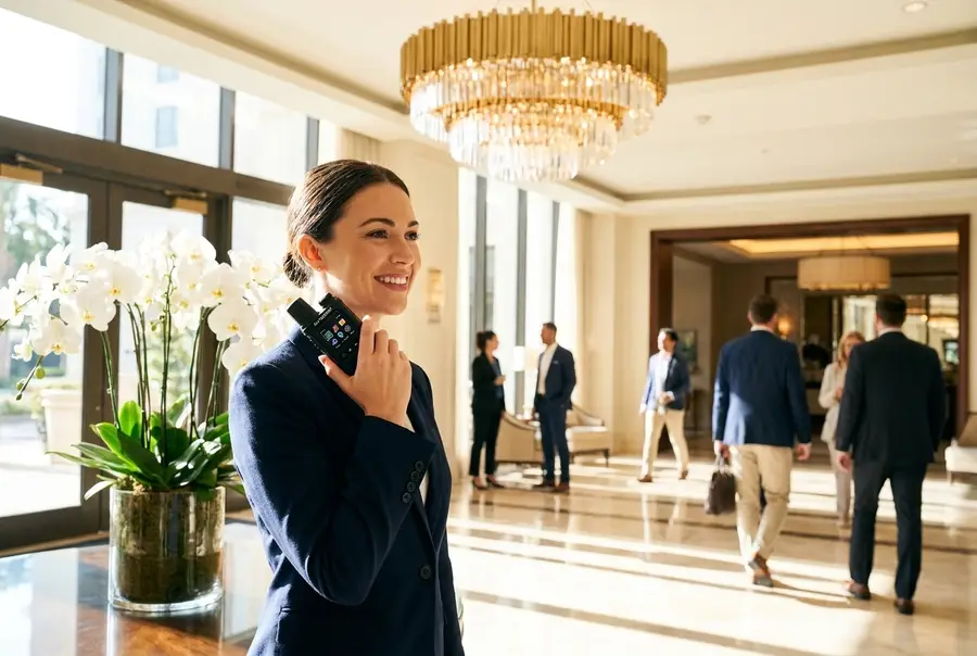 Hotel manager using an Elite2Way radio in the lobby