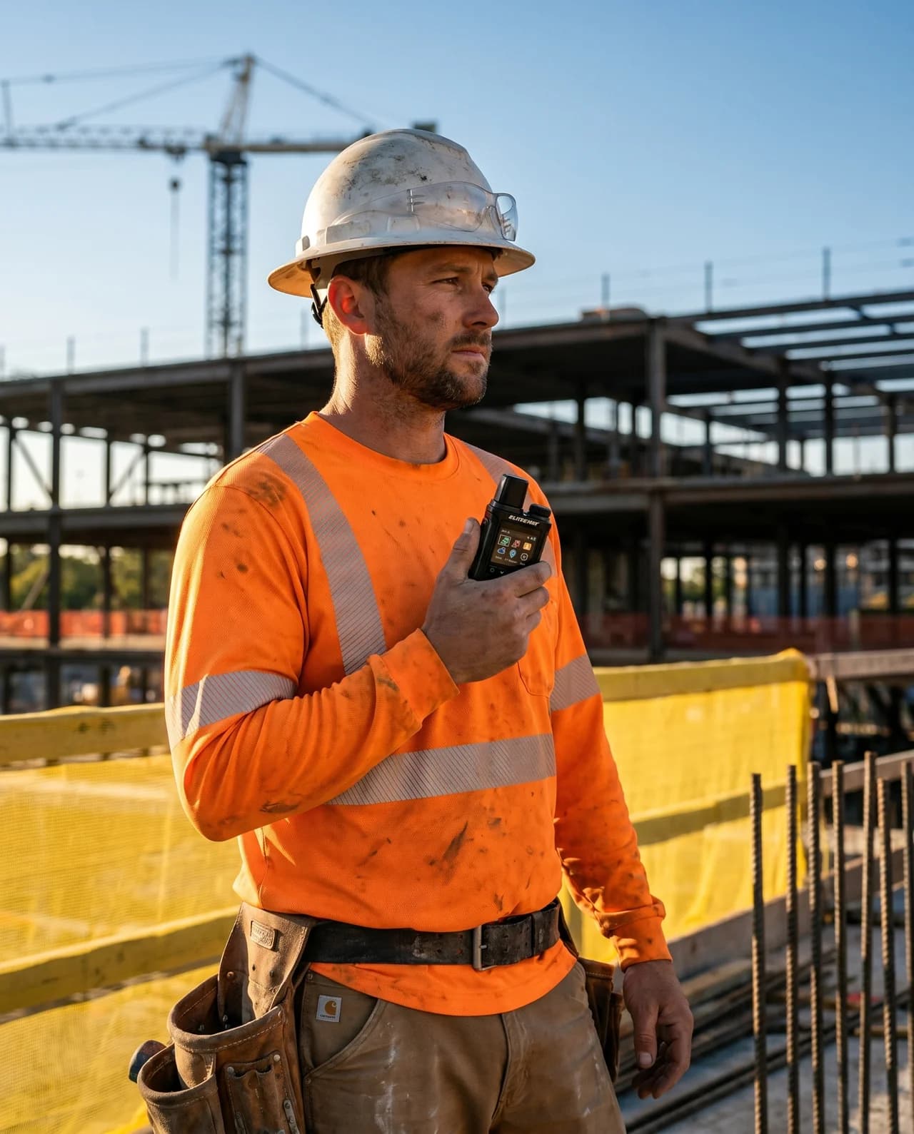 Operator using Elite2Way cellular push-to-talk radio in a construction environment