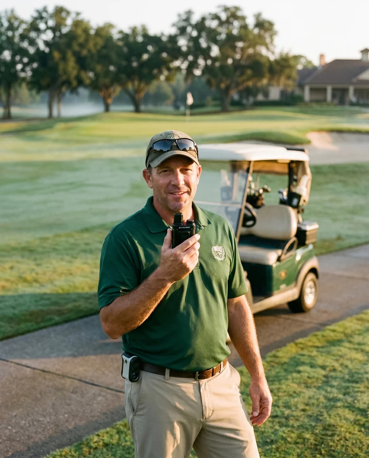 Operator using Elite2Way cellular push-to-talk radio in a golf courses environment