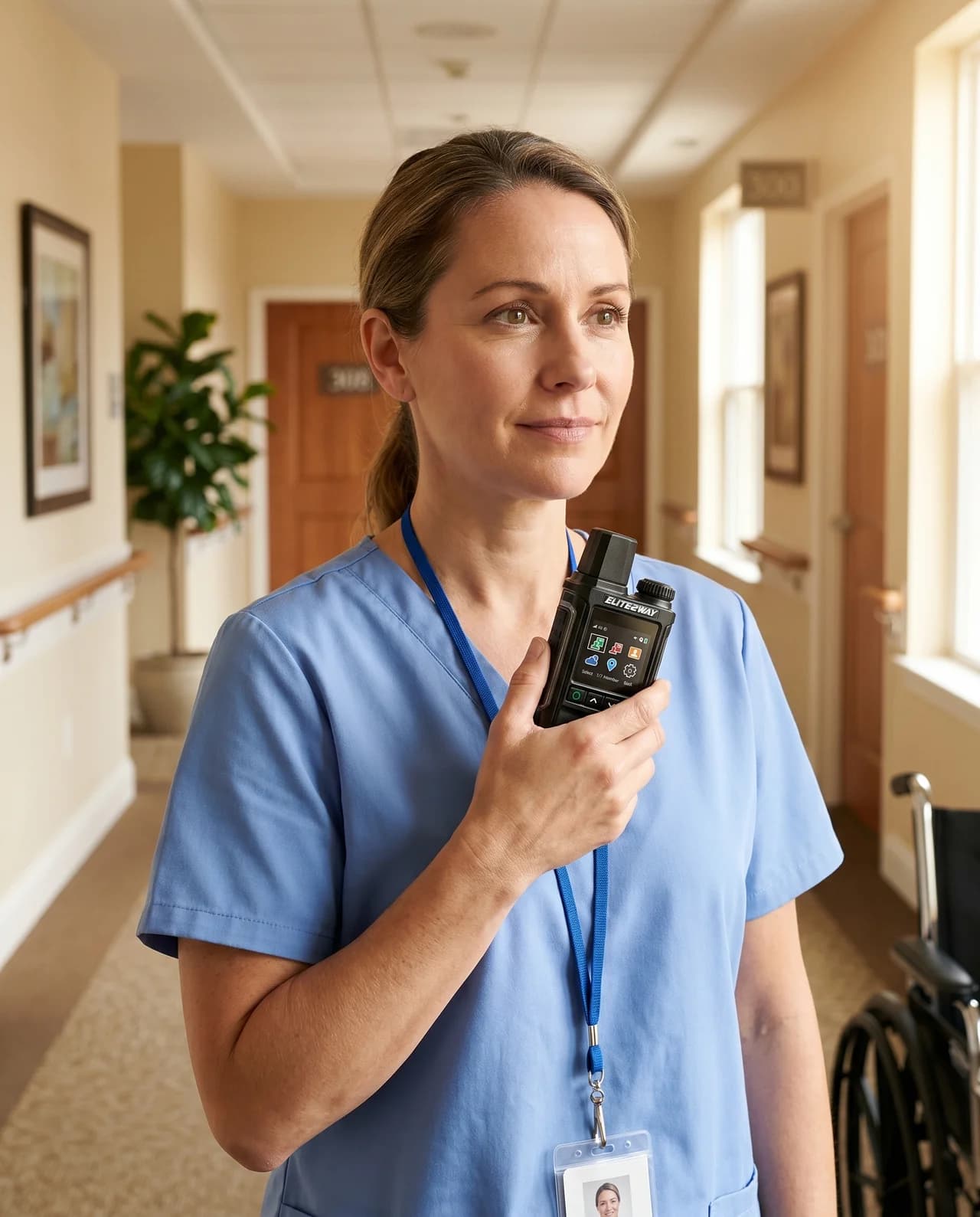Operator using Elite2Way cellular push-to-talk radio in a healthcare environment