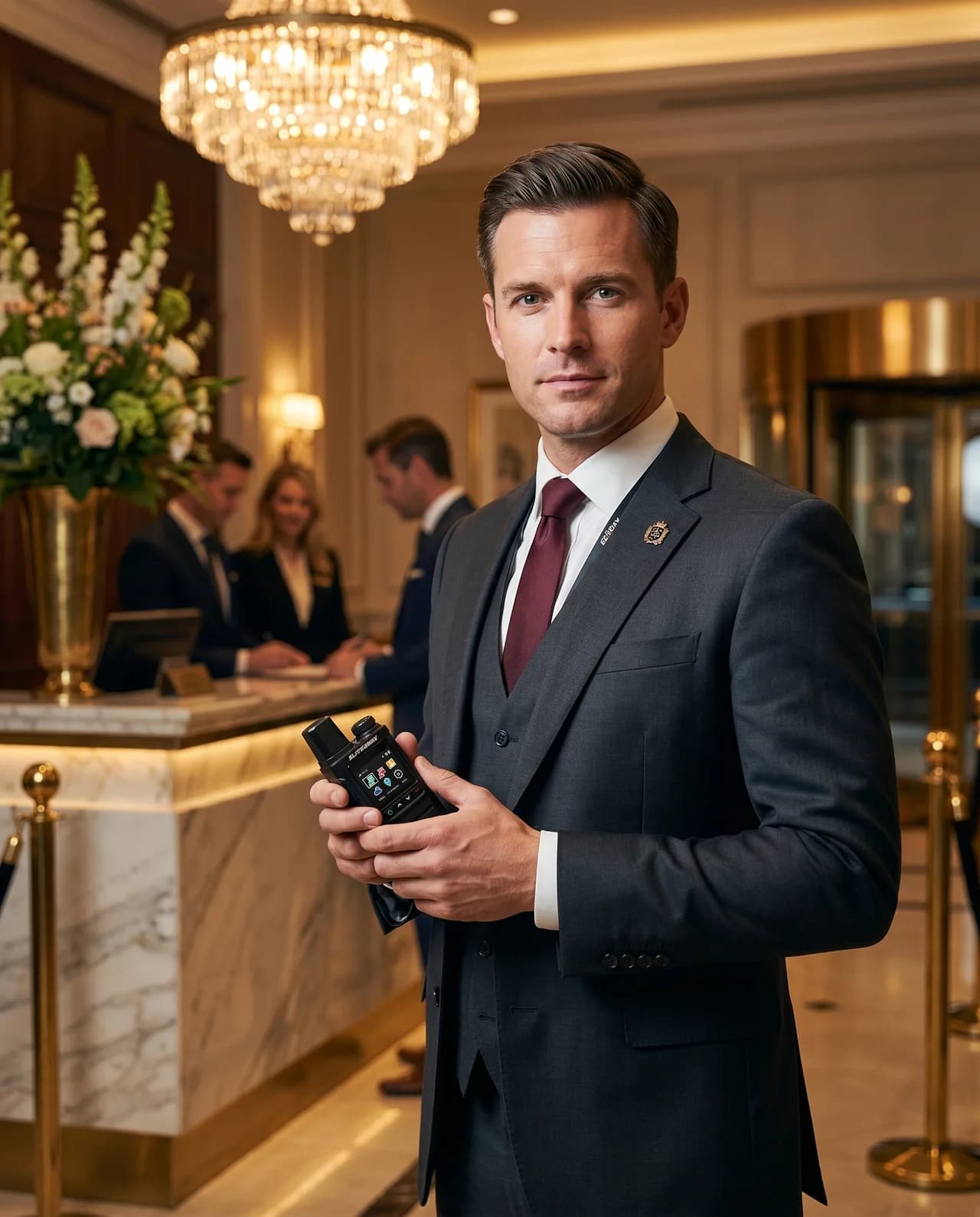 Operator using Elite2Way cellular push-to-talk radio in a hospitality environment