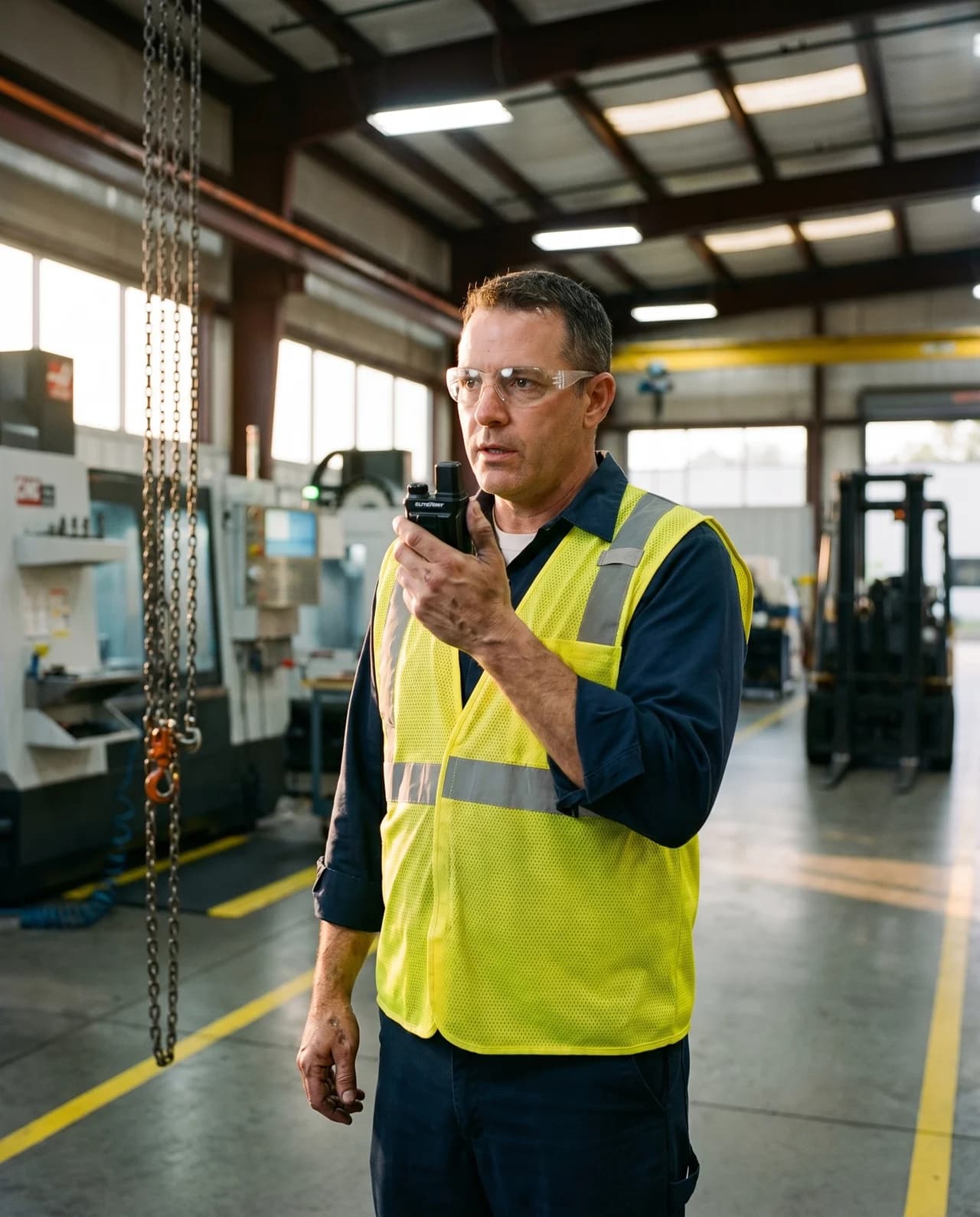 Operator using Elite2Way cellular push-to-talk radio in a manufacturing environment