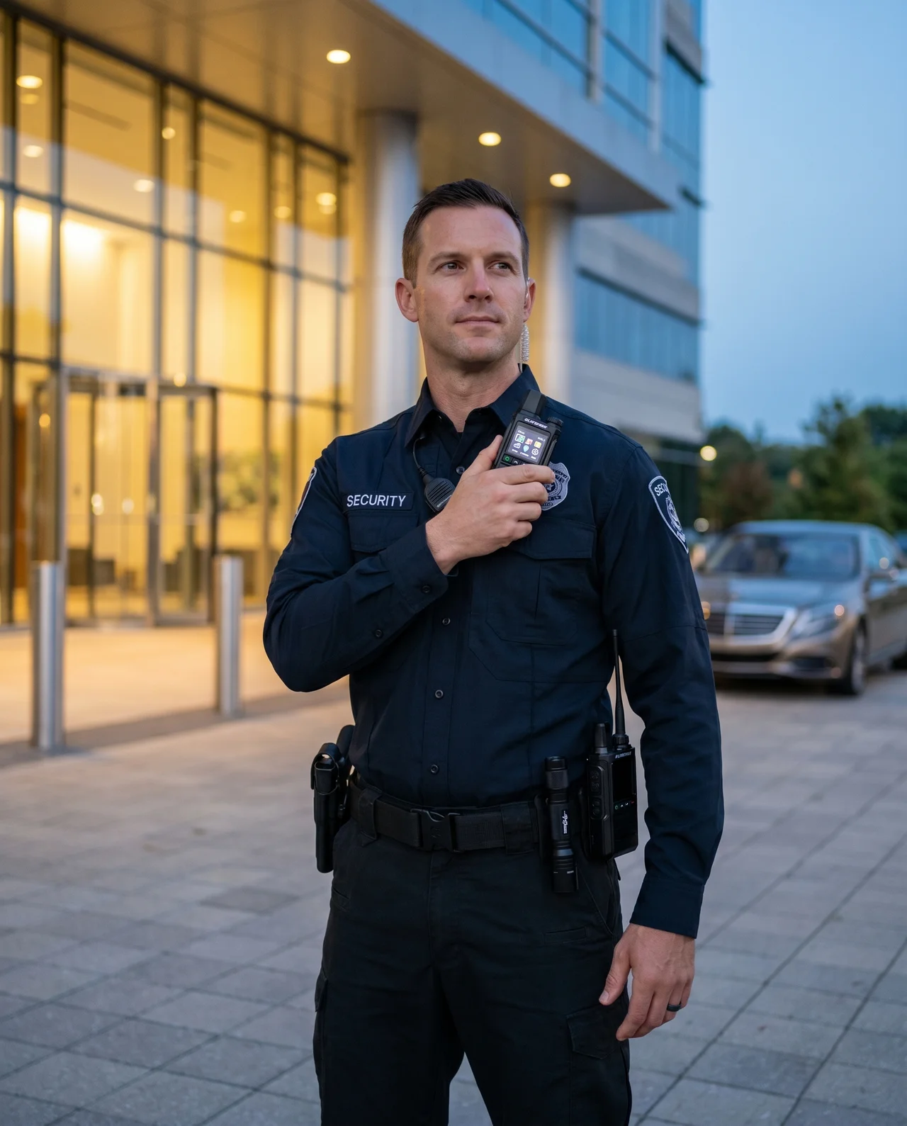 Operator using Elite2Way cellular push-to-talk radio in a private security environment